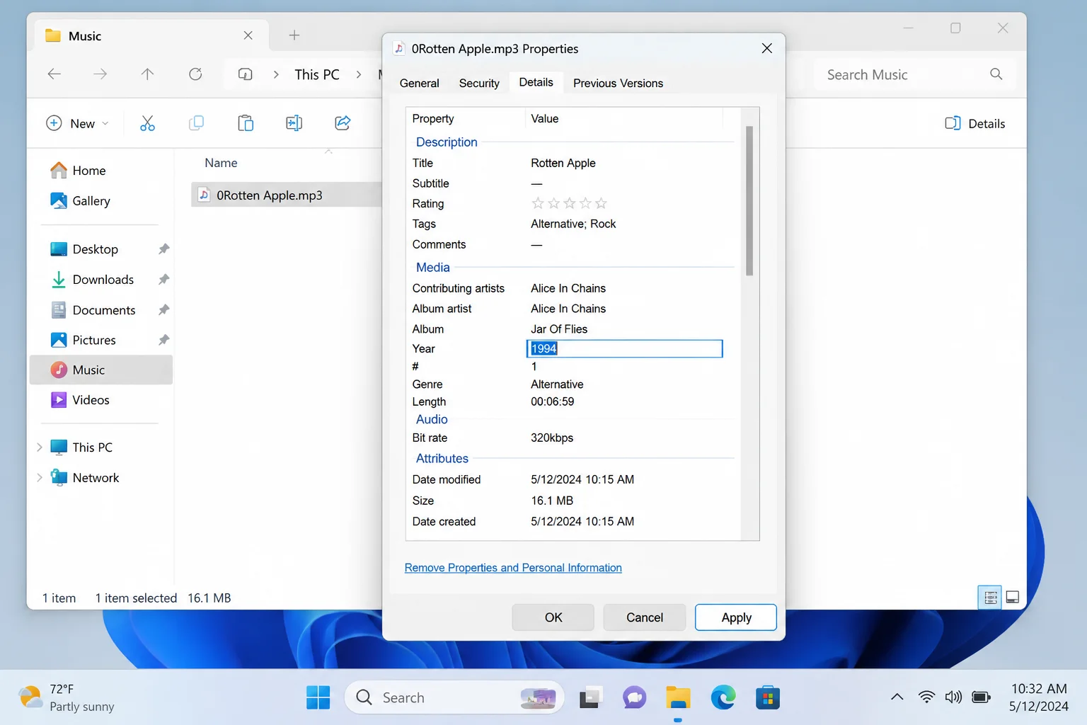 Windows 11 MP3 file Properties dialog on the Details tab, with the Year field selected and editable, Apply button visible at