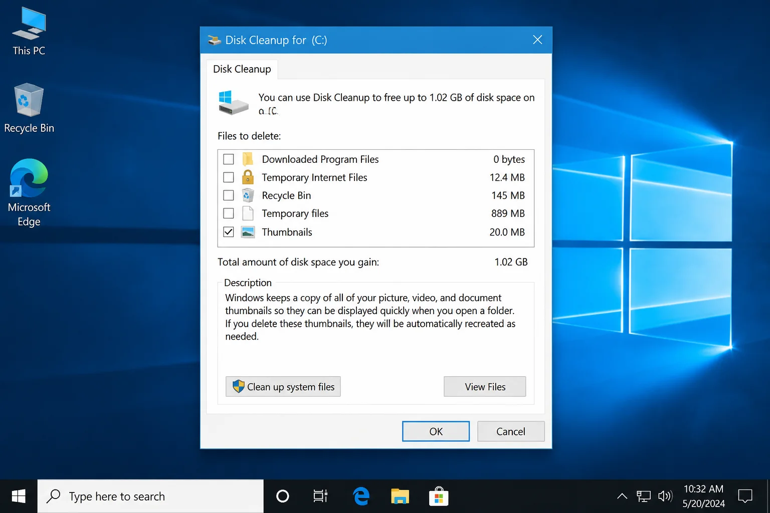 Disk Cleanup dialog with the Thumbnails checkbox checked, showing file size, and the OK button visible