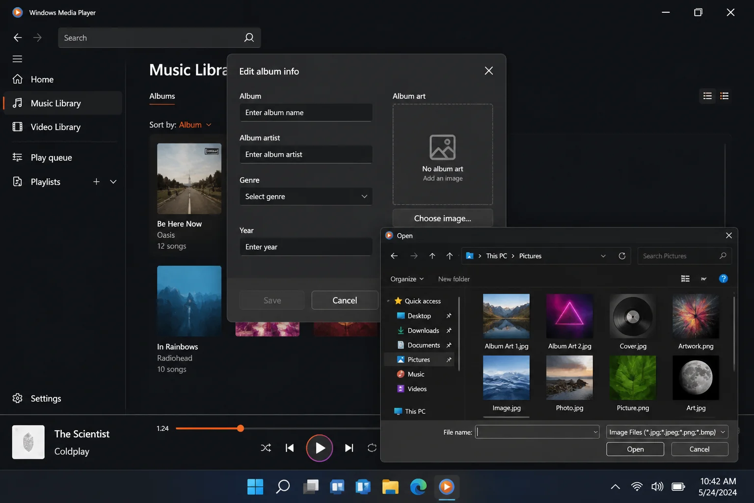 Windows 11 Windows Media Player Edit info dialog with the album art placeholder area highlighted, and a file picker open to