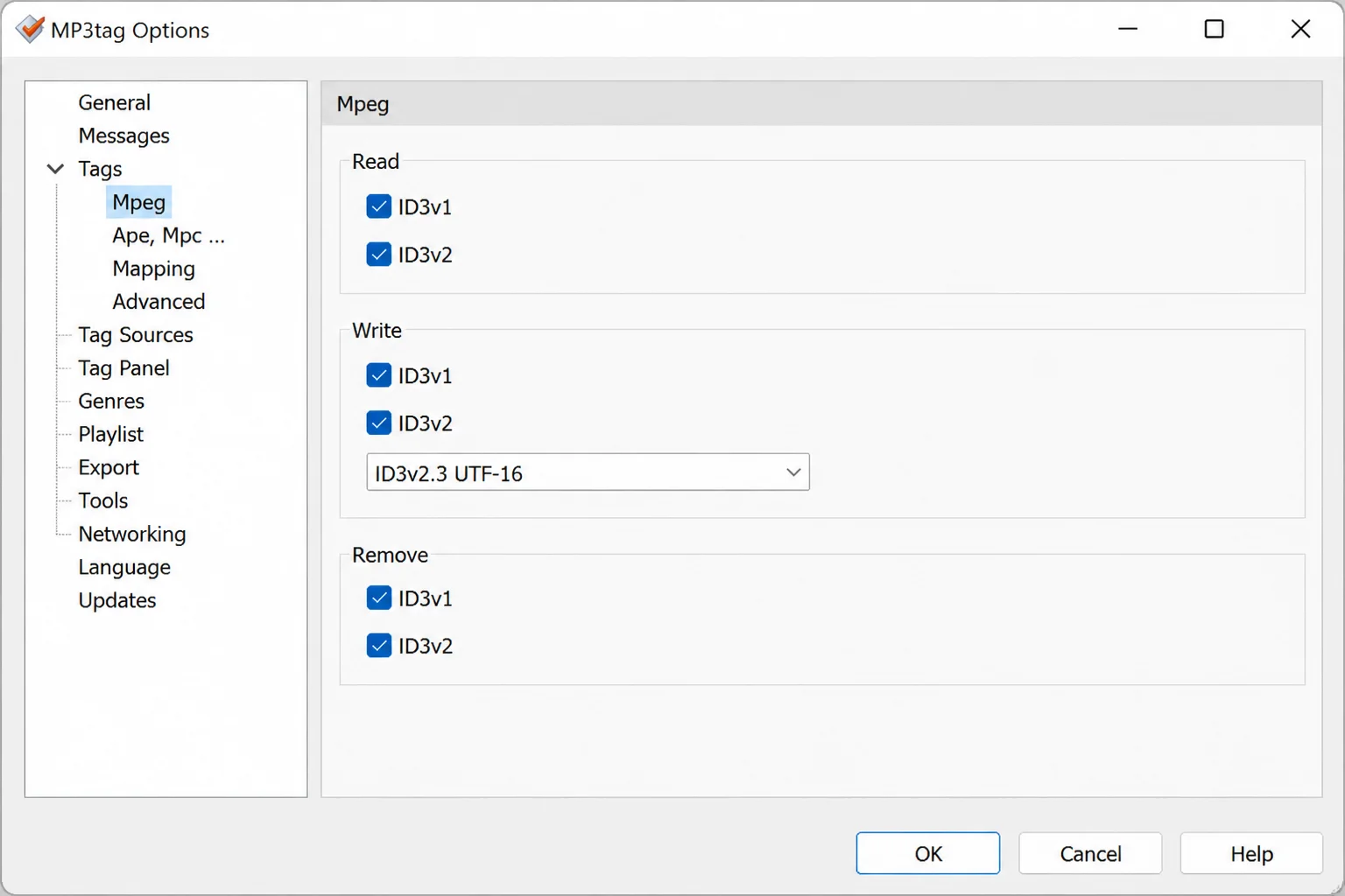 MP3tag Options dialog showing Tags > Mpeg settings with ID3v2 checked, version set to 2.3, and encoding set to UTF-16