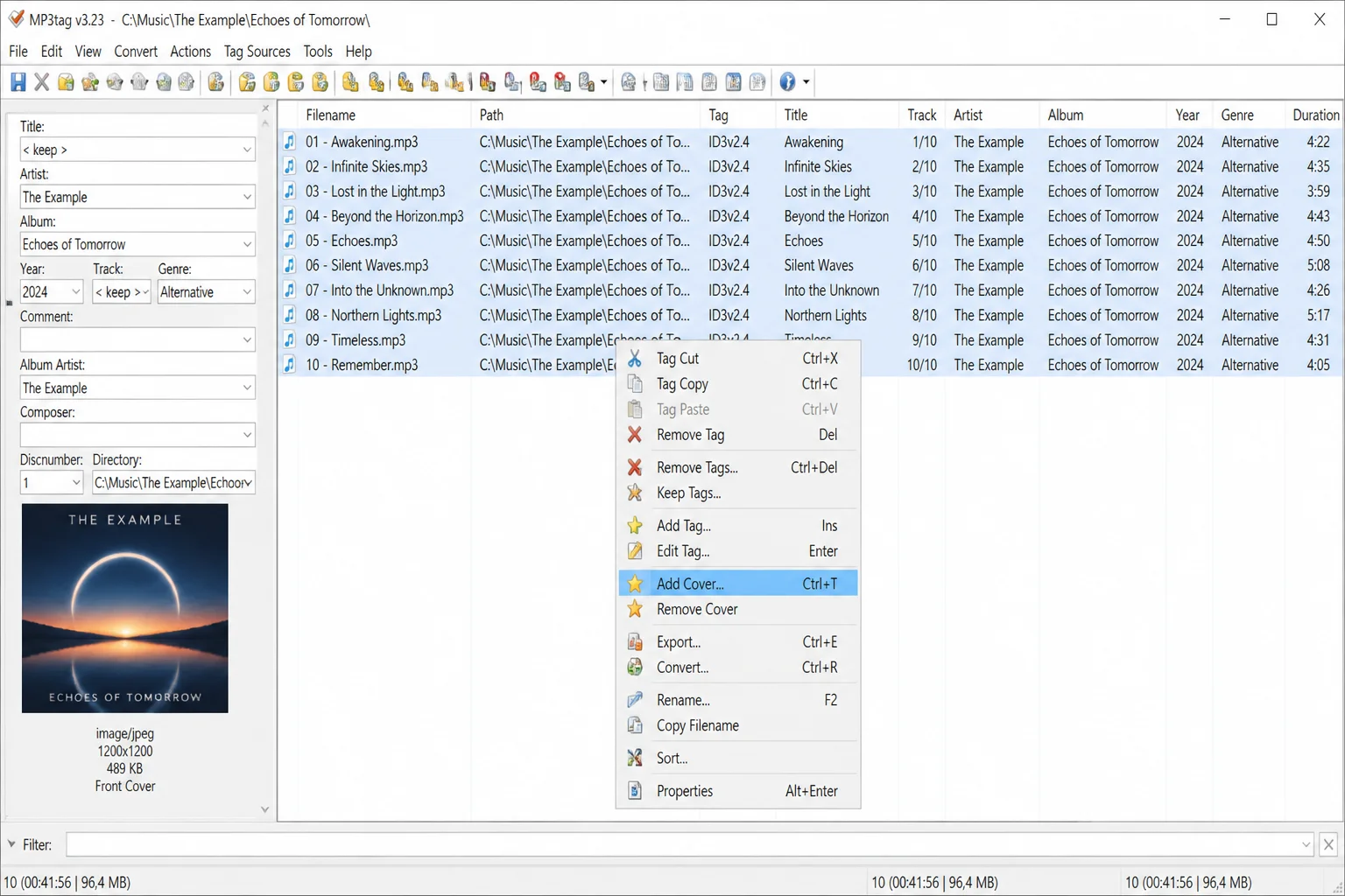 MP3tag main window with all files selected, the album art panel on the left showing a right-click context menu with "Add