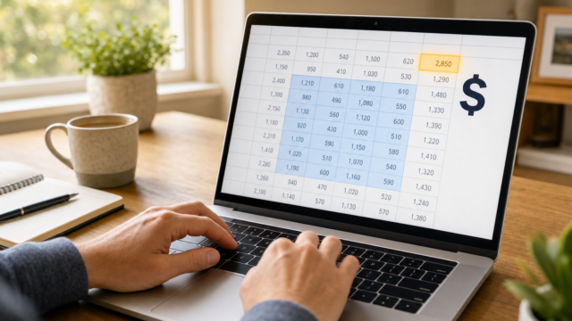 person typing on a laptop showing a spreadsheet with blue highlighted cells and a large dollar sign on the right side