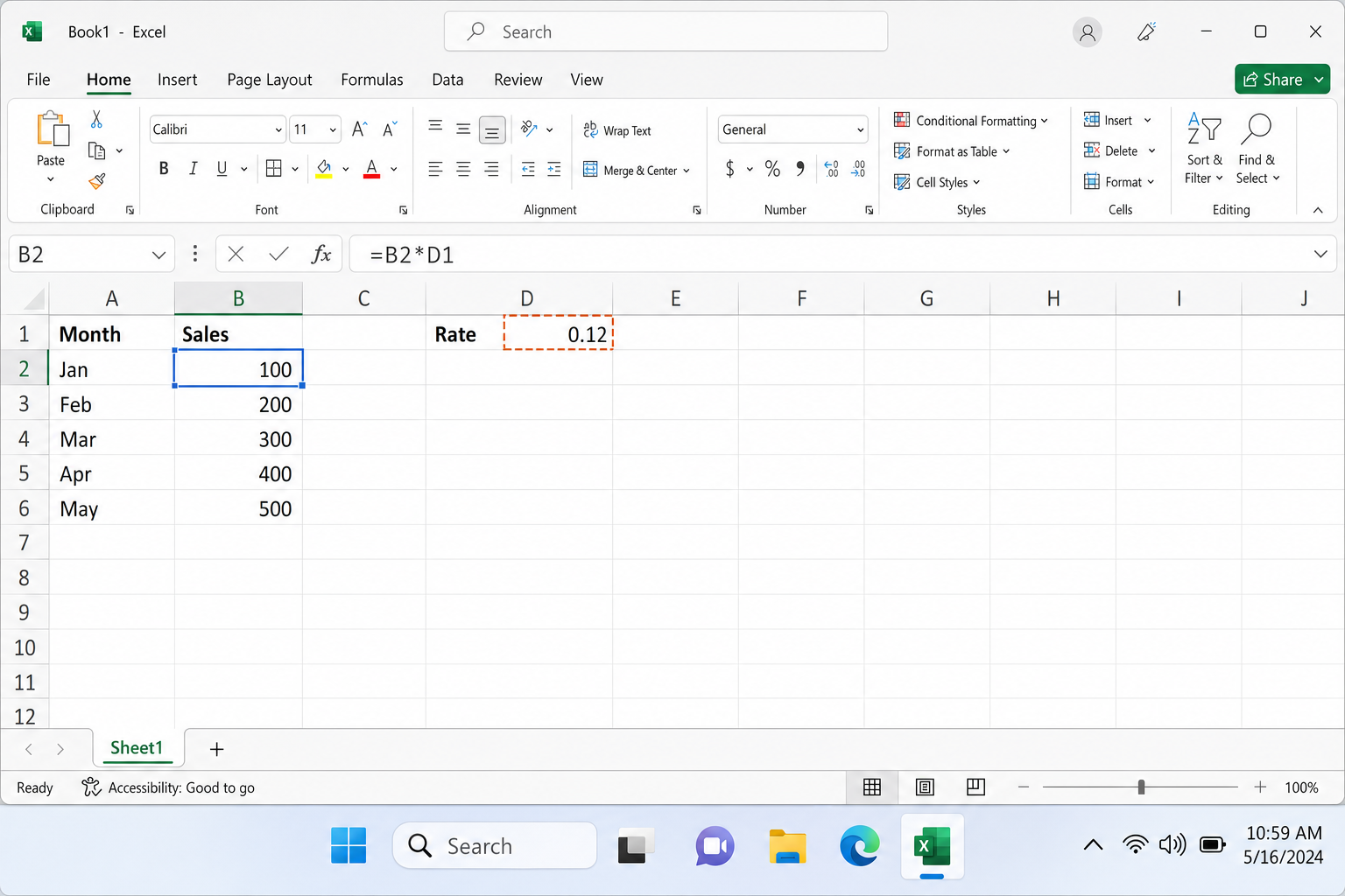 Excel spreadsheet showing a formula =B2*D1 in the formula bar, with cell B2 highlighted in column B containing a list of values and D1 containing a constant like 12%