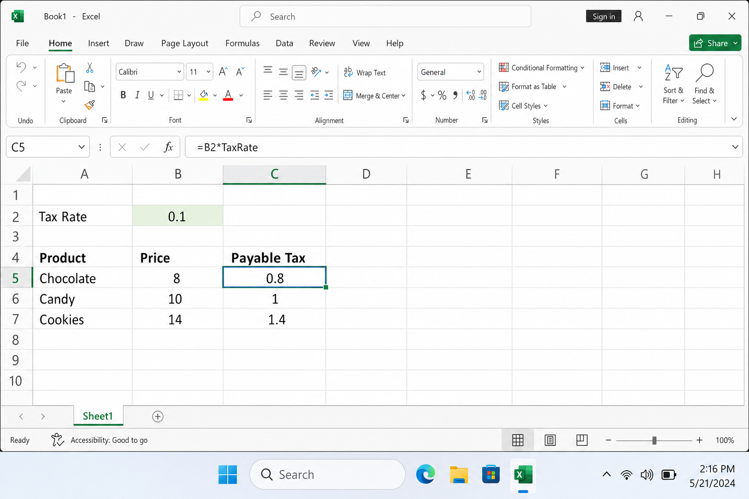 Excel formula bar showing =B2*TaxRate with the formula copied down through several rows, all referencing TaxRate by name
