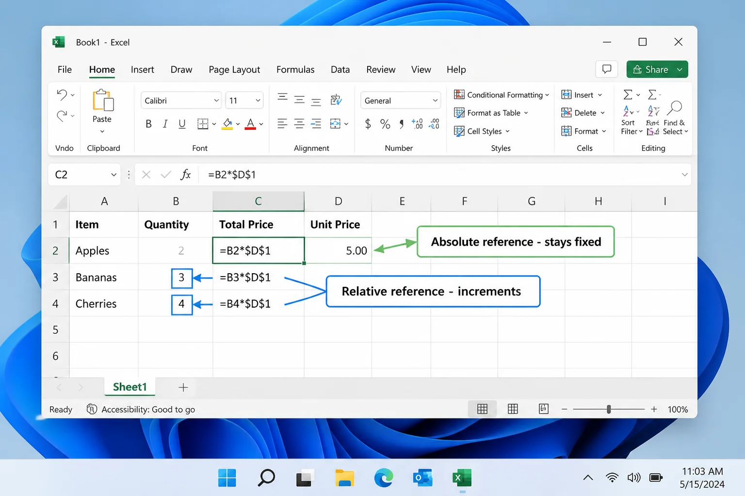 Excel formula bar showing =B2*$D$1 with callout boxes labeling absolute and relative references on a modern Windows 11 desktop