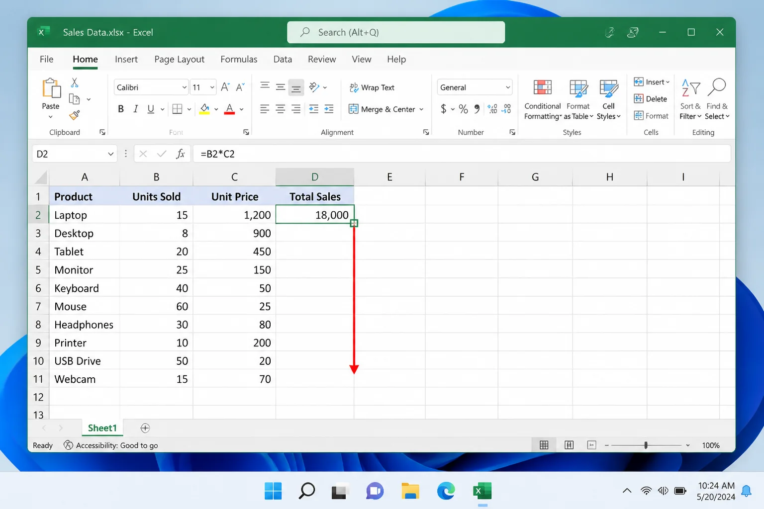 Excel spreadsheet with a formula cell selected showing the fill handle and a red arrow indicating dragging down through several rows on Windows 11