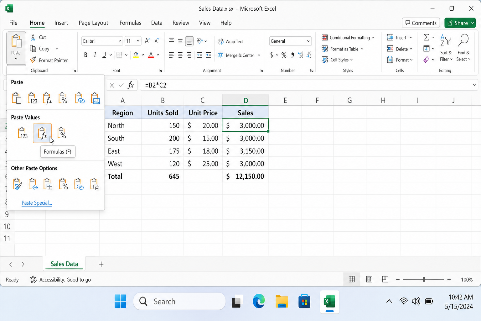 Excel Home tab with the Paste dropdown open, showing the Formulas option highlighted under the Paste Values section