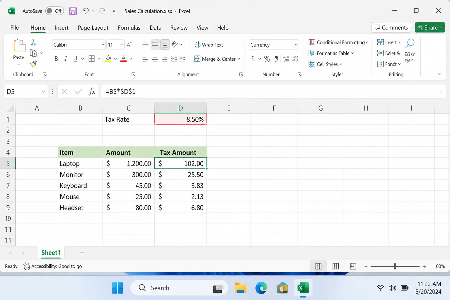 Excel destination cell formula bar showing =B5*$D$1 confirming the absolute reference to $D$1 is preserved on a modern Windows 11 desktop