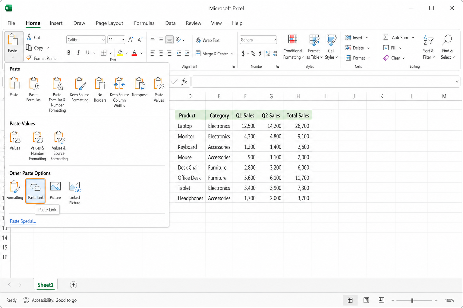 Excel Home tab Paste dropdown with Paste Link option highlighted, showing the chain-link icon in the Other Paste Options row