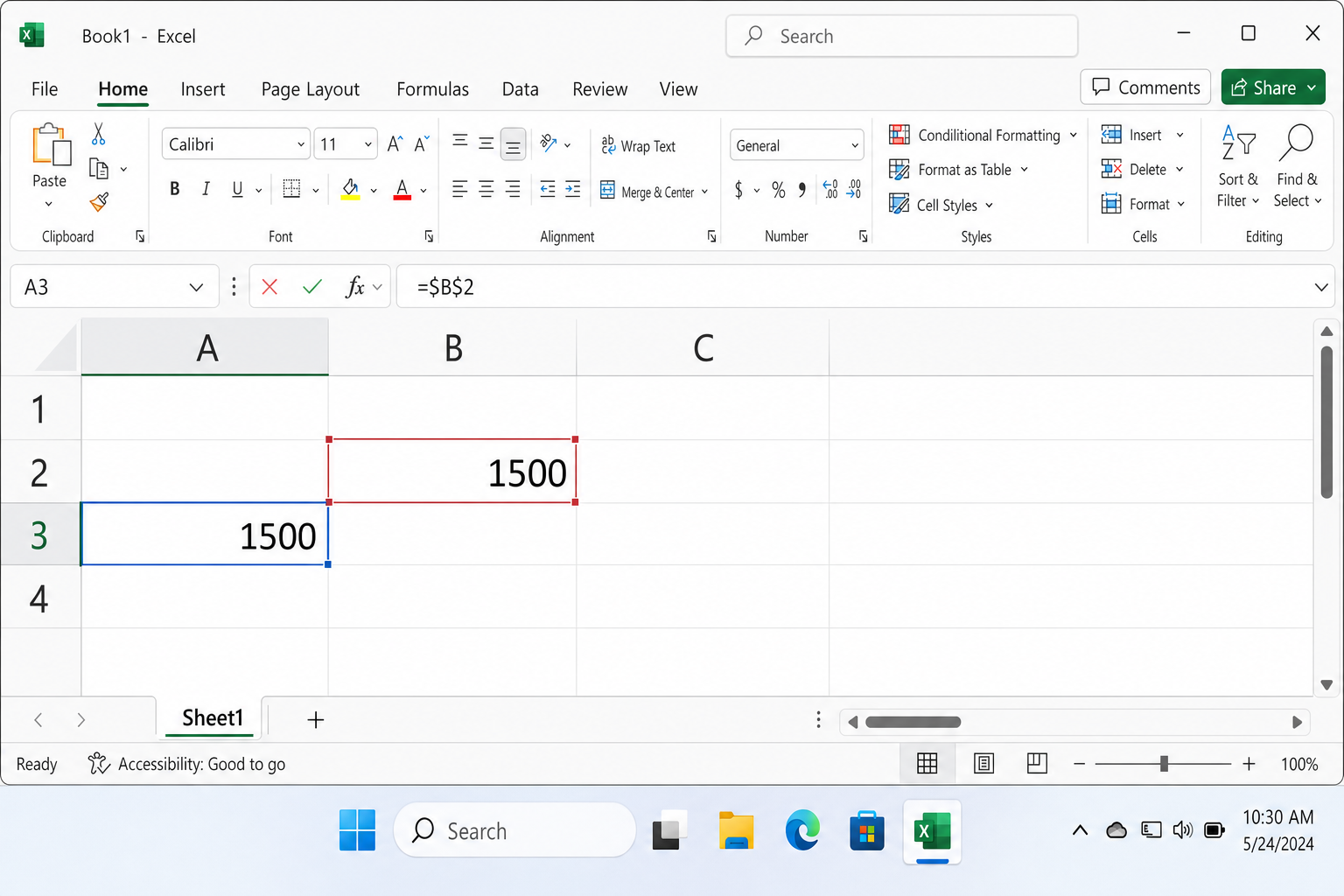 Excel spreadsheet with a linked cell selected, showing =$B$2 in the formula bar, and both the original and linked cells displaying the same value