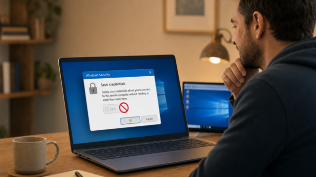 A man sits at a desk with a laptop, Windows Security dialog on screen reading 'Save credentials' while he rests his chin in thought.