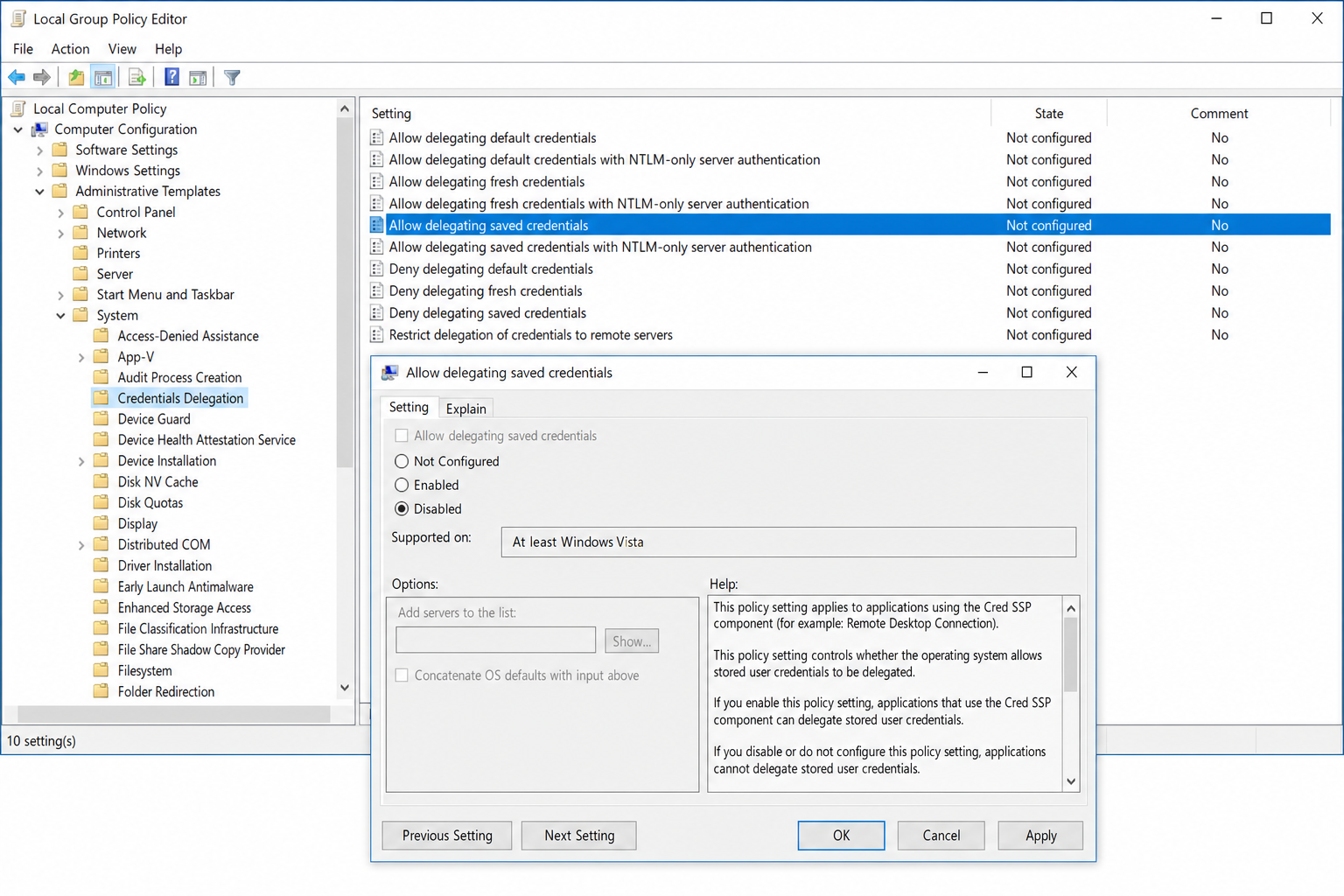 Local Group Policy Editor showing the Credentials Delegation node with "Allow delegating saved credentials" policy open and set to Disabled
