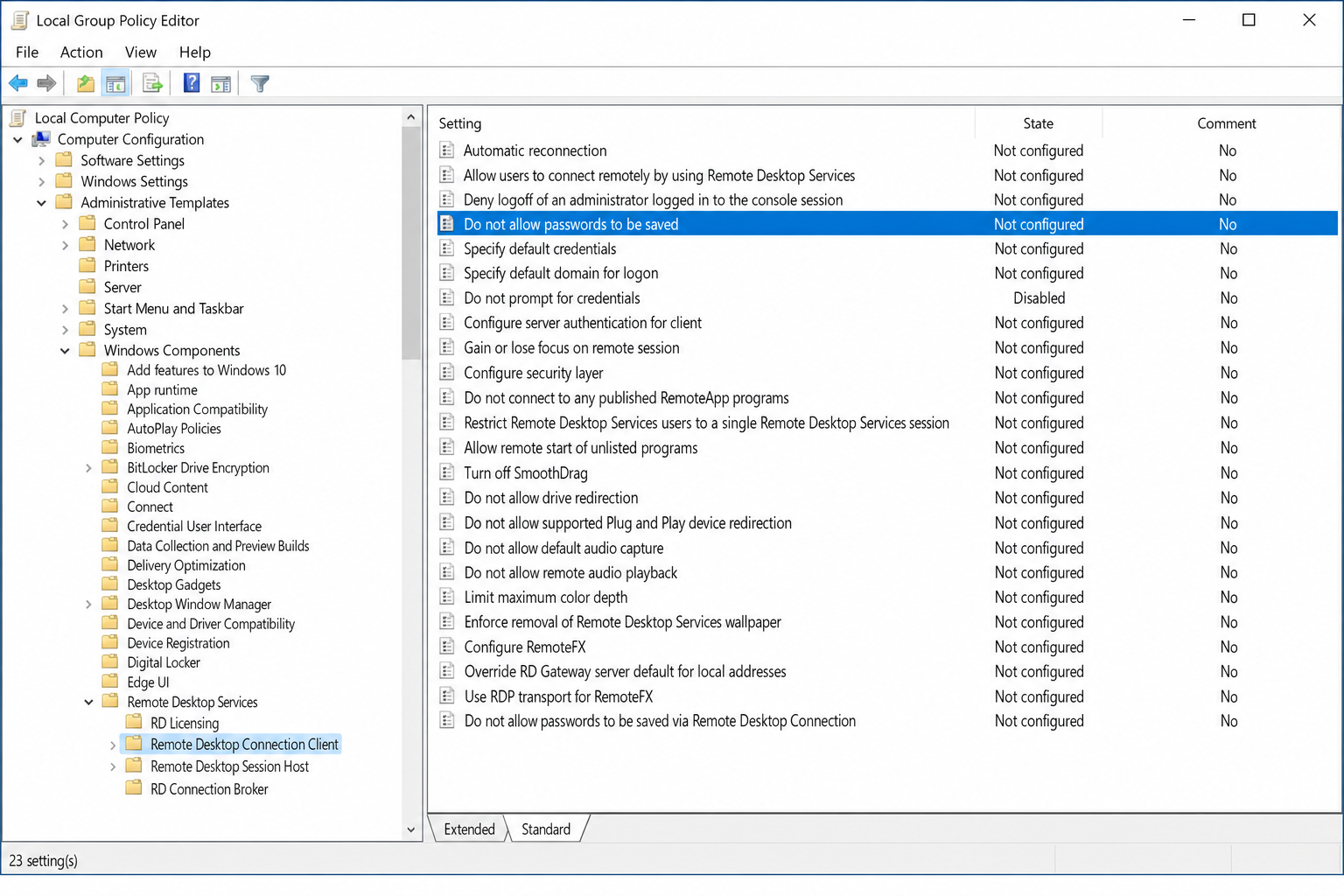 Local Group Policy Editor showing the Remote Desktop Connection Client node expanded in the left pane