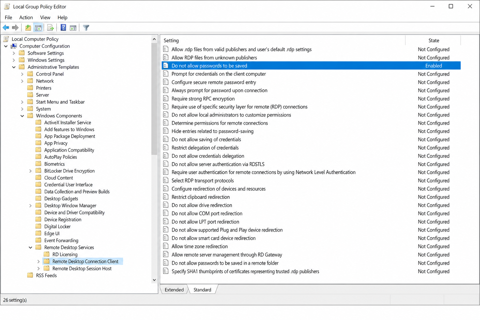 Local Group Policy Editor right pane showing "Do not allow passwords to be saved" setting highlighted