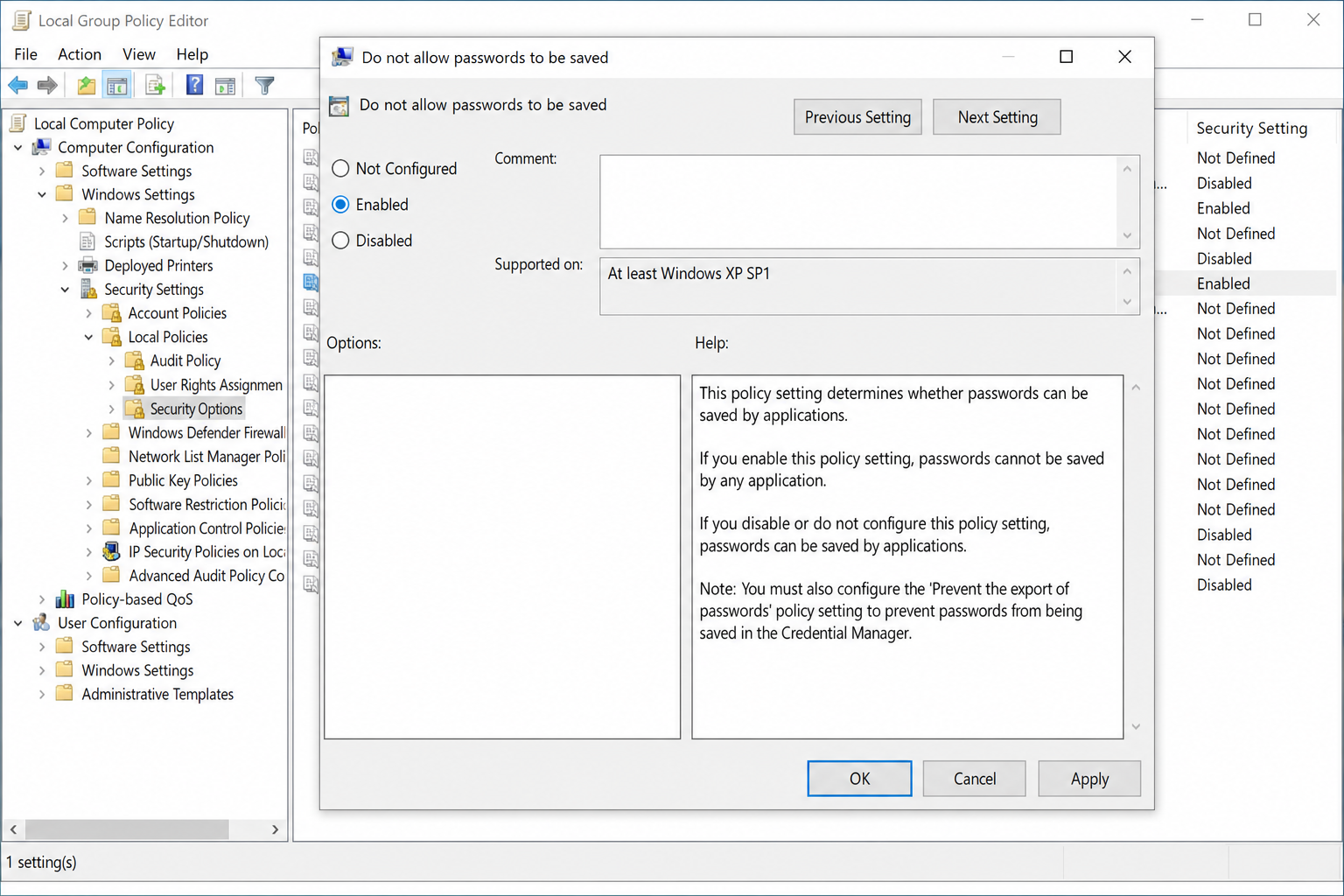 Do not allow passwords to be saved policy dialog with Enabled radio button selected and Apply/OK buttons visible