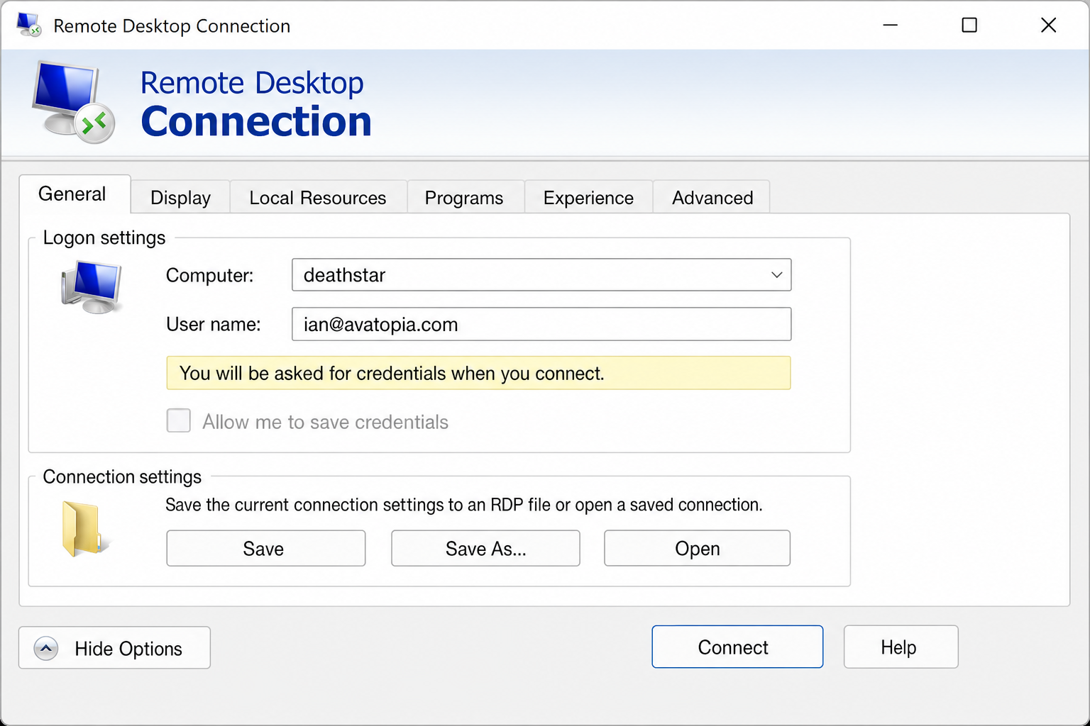 Remote Desktop Connection dialog General tab showing the "Allow me to save credentials" checkbox greyed out