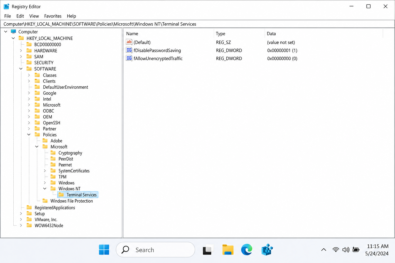 Registry Editor showing HKEY_LOCAL_MACHINE\SOFTWARE\Policies\Microsoft\Windows NT\Terminal Services key selected in the left pane