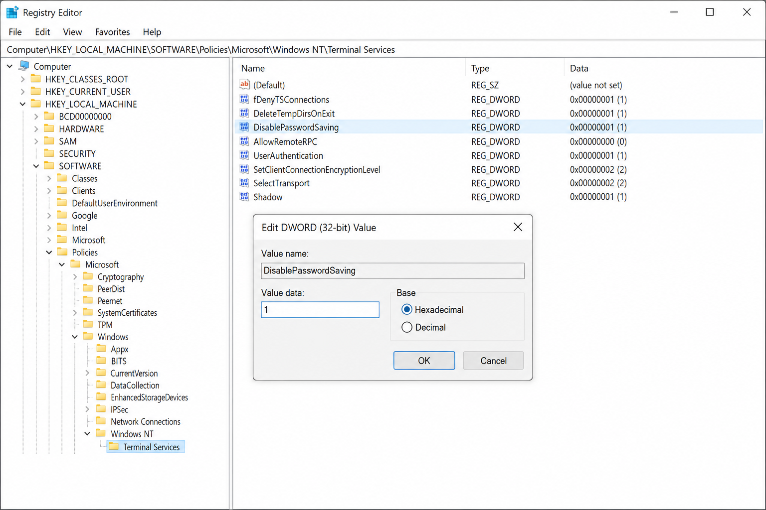 Registry Editor showing DisablePasswordSaving DWORD with value 1 in the Terminal Services key