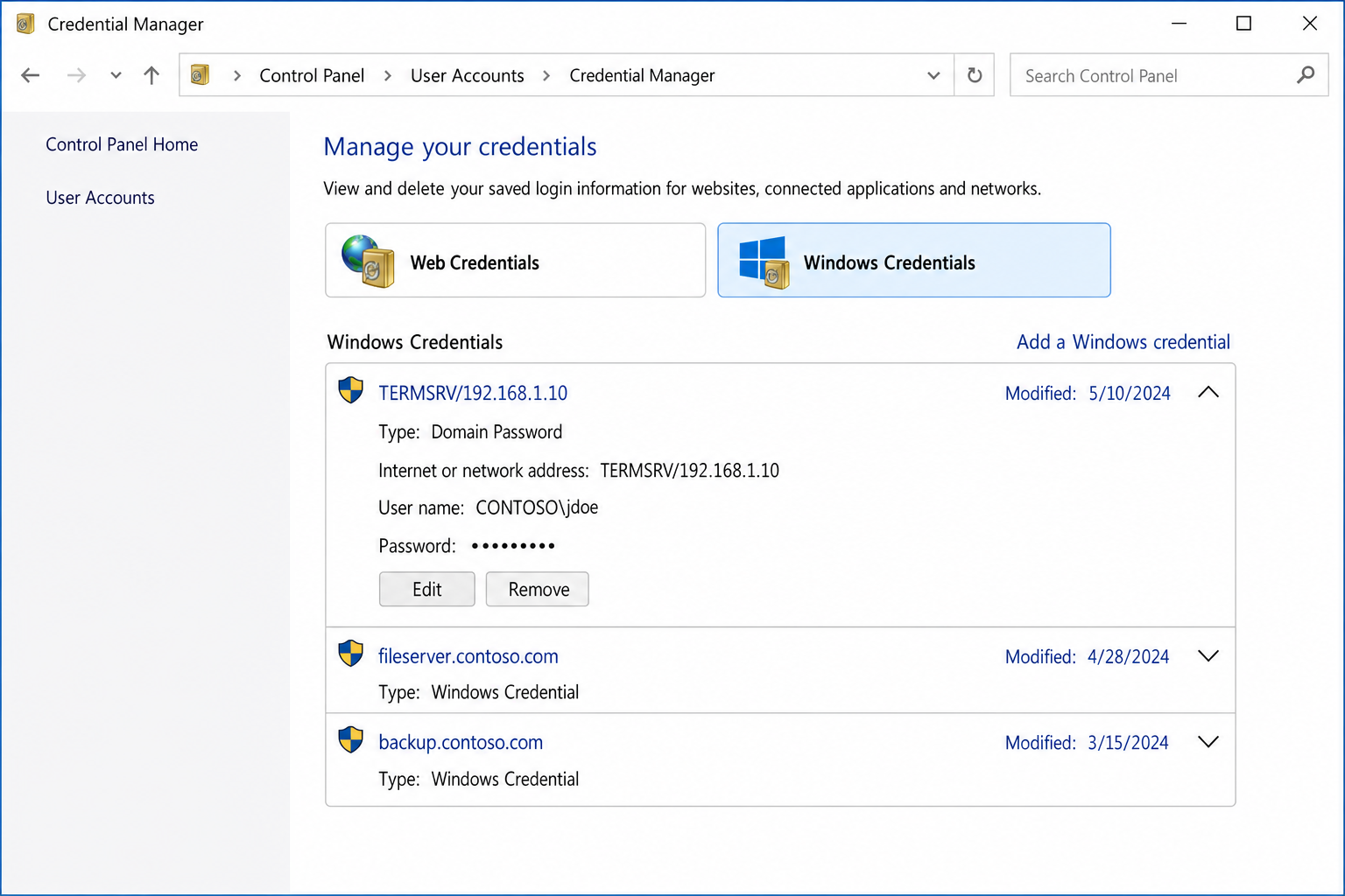 Credential Manager showing the Windows Credentials tab with a list of stored credentials