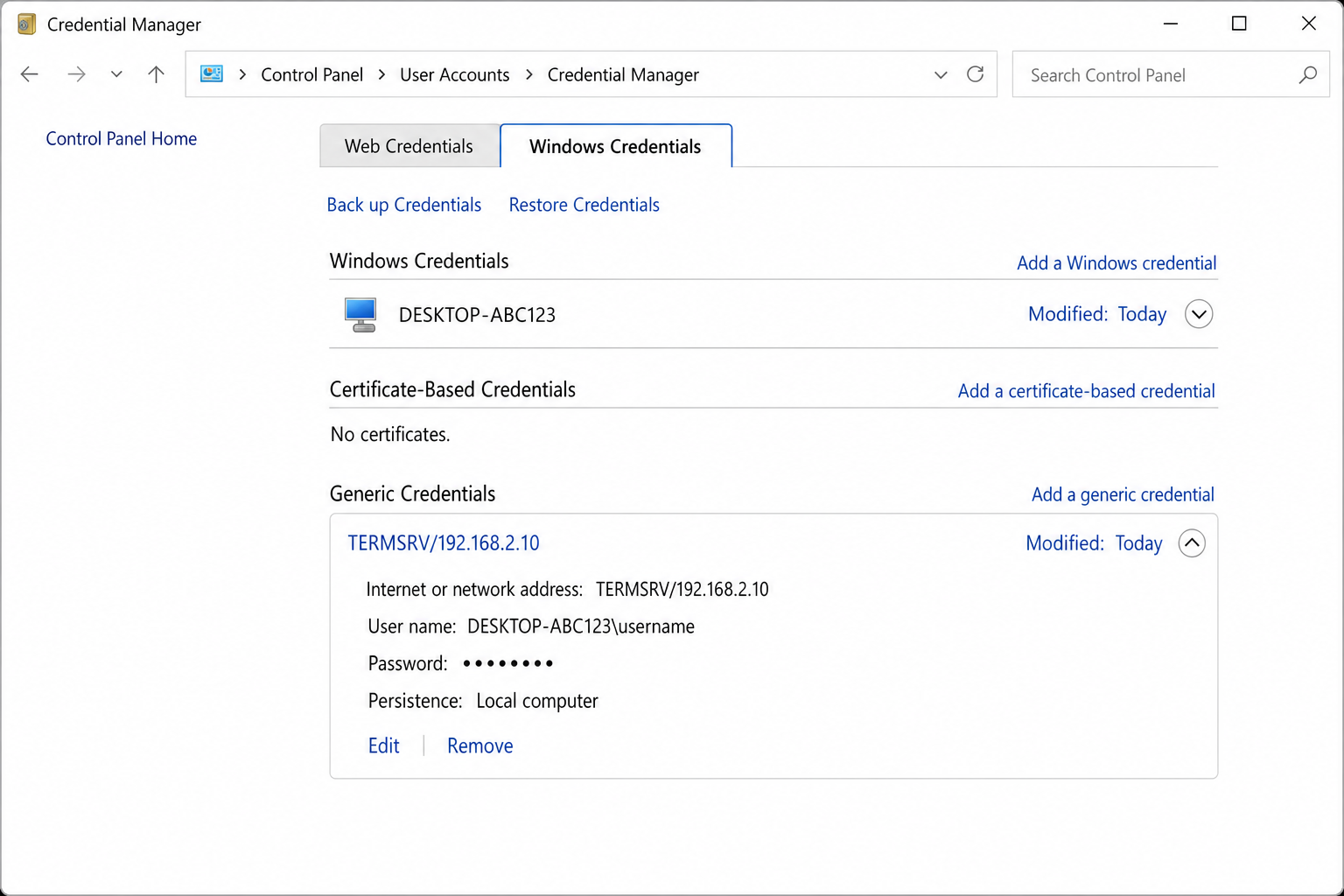 Credential Manager Windows Credentials tab with a TERMSRV/ entry expanded showing the Remove button