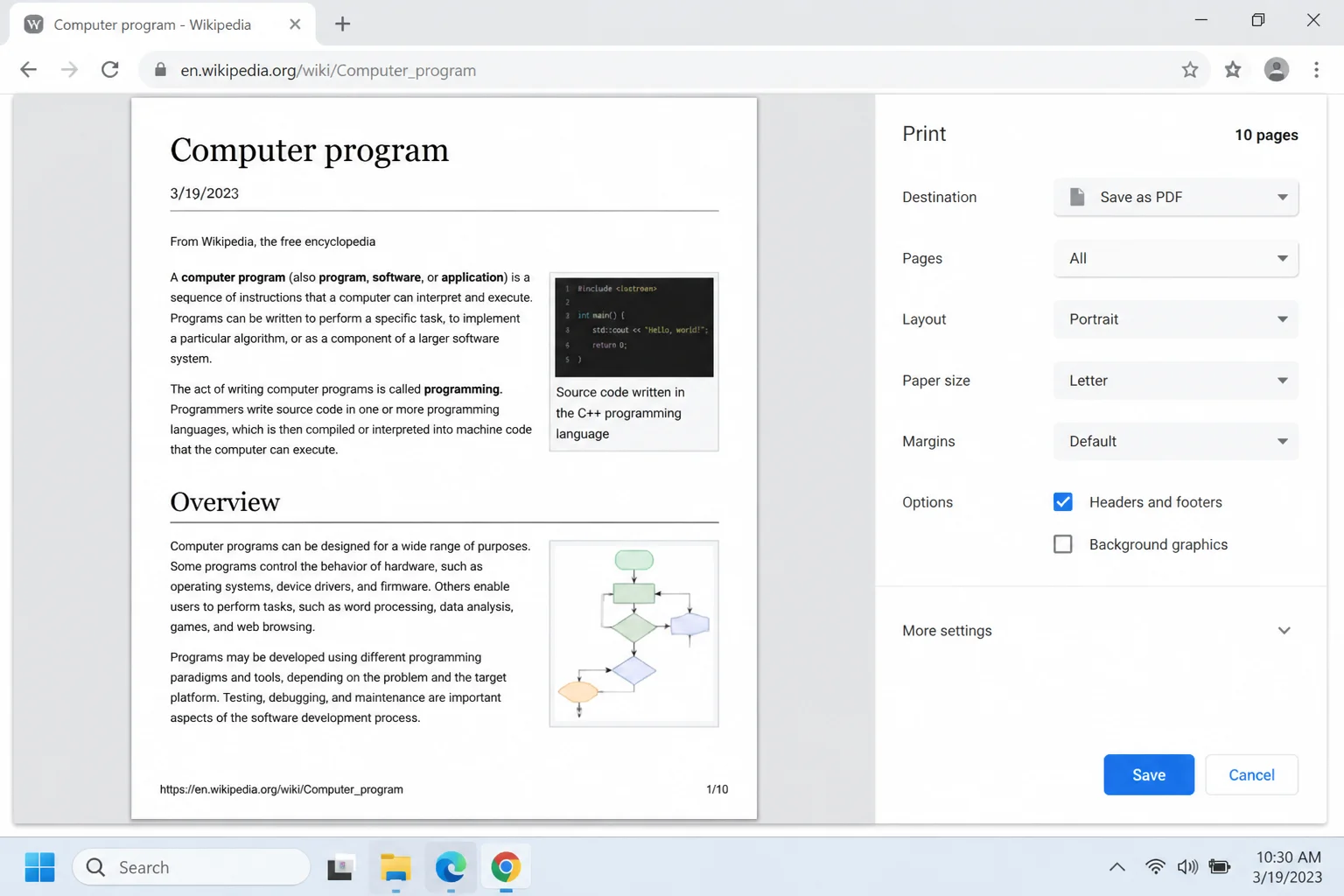 Print preview showing browser-added page title and date at the top and URL and page number at the bottom