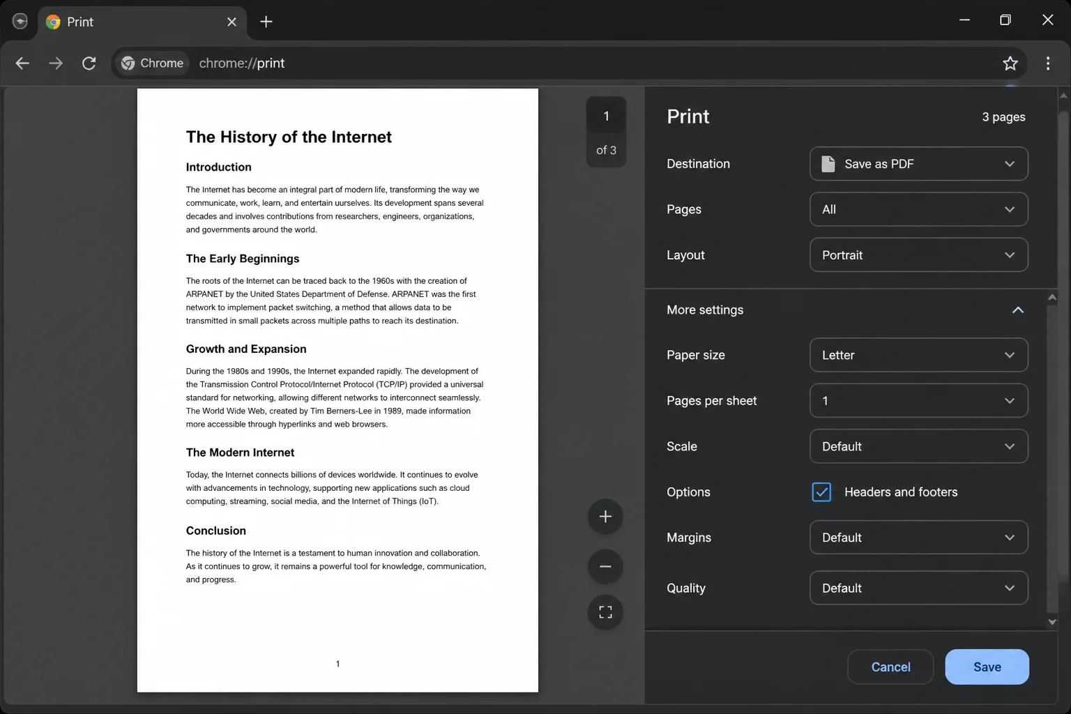 Chrome print preview with More settings expanded and the Headers and footers checkbox highlighted