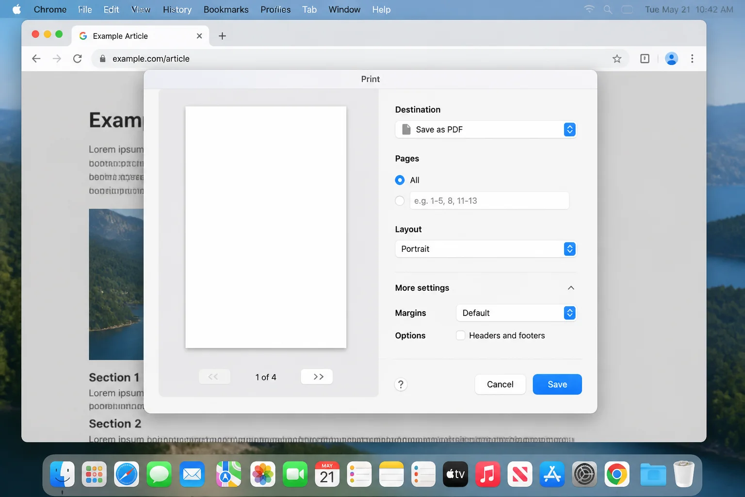 Chrome print preview on macOS with Headers and footers disabled and a clean page preview