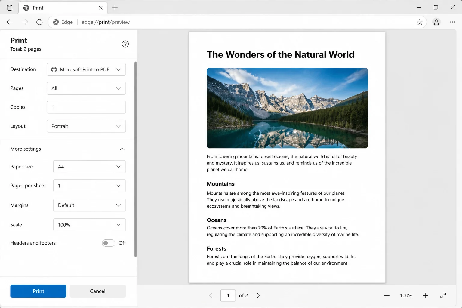 Microsoft Edge print preview with More settings expanded and Headers and footers turned off