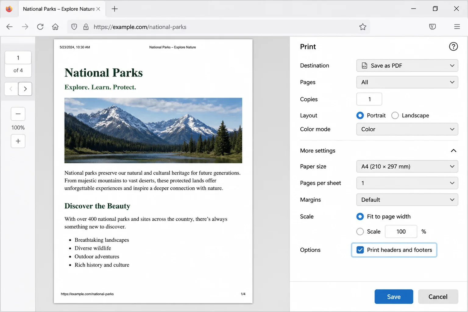 Firefox print preview with More settings expanded and Print headers and footers highlighted