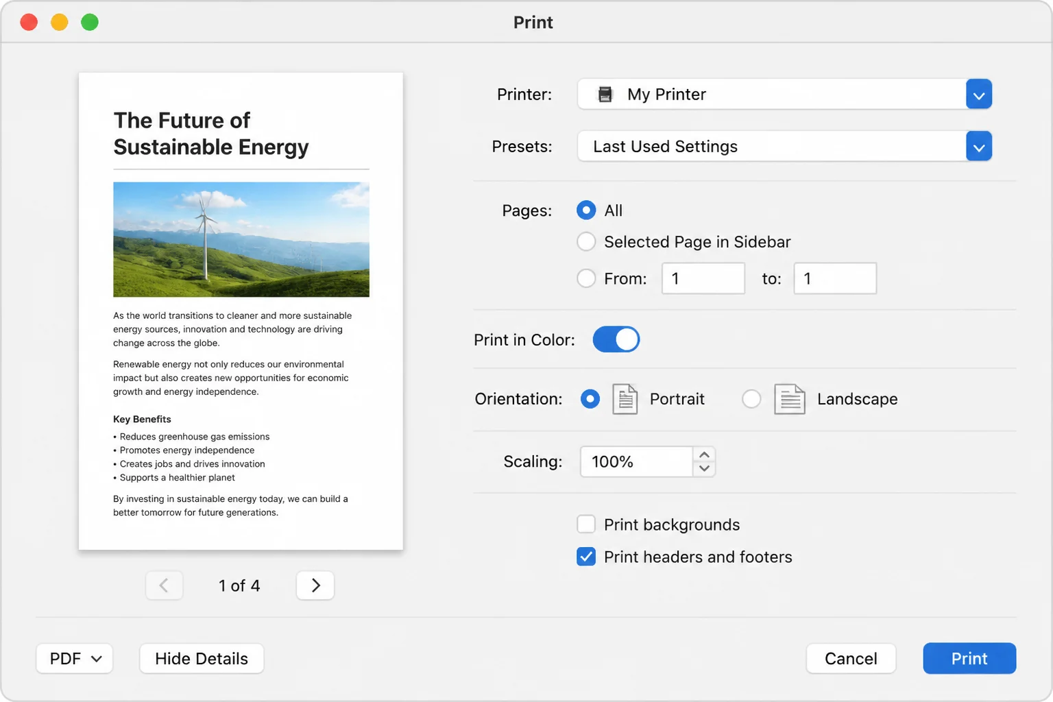 Safari-specific print options with the Print headers and footers checkbox highlighted