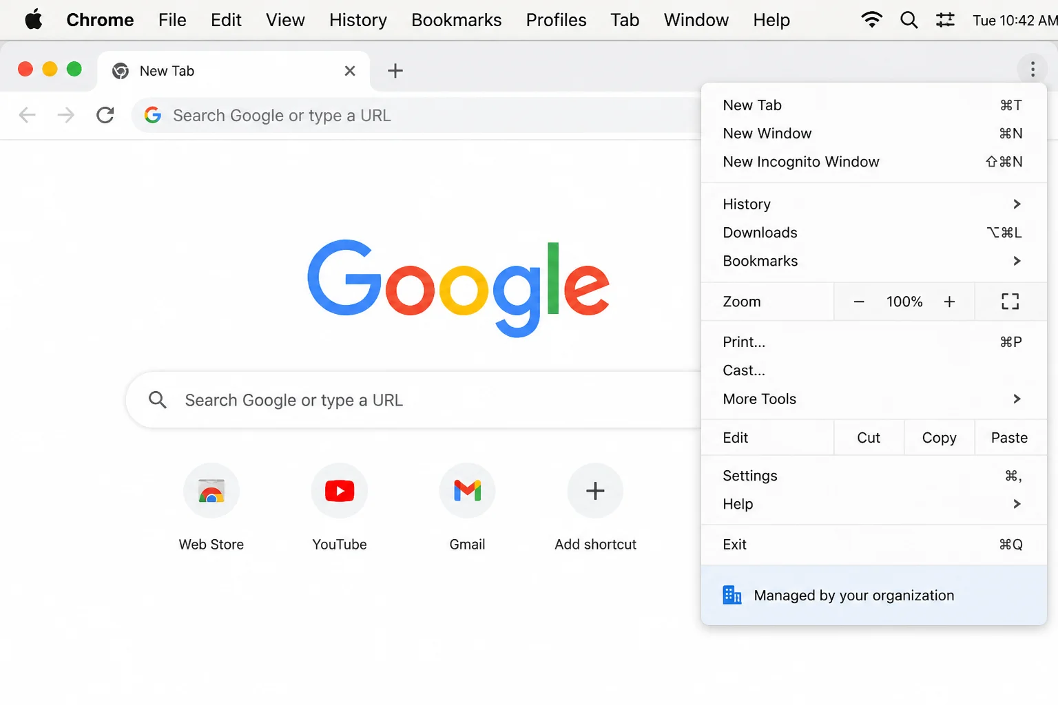 Browser menu showing a Managed by your organization notice on an enterprise-controlled browser