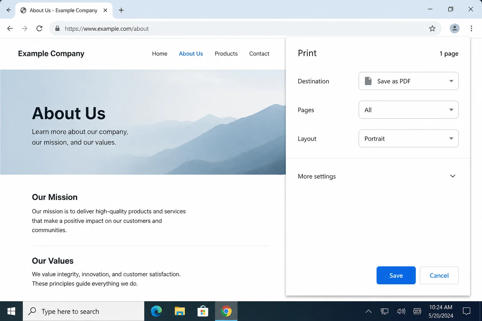 Chrome or Edge Destination menu with Save as PDF selected