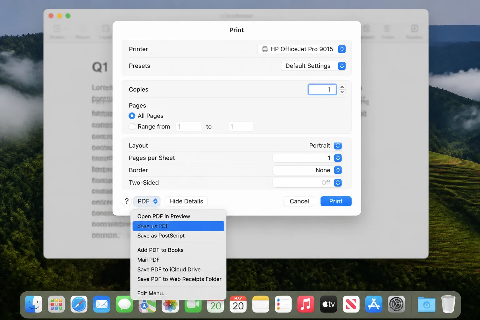 macOS print dialog with the PDF menu open and Save as PDF highlighted