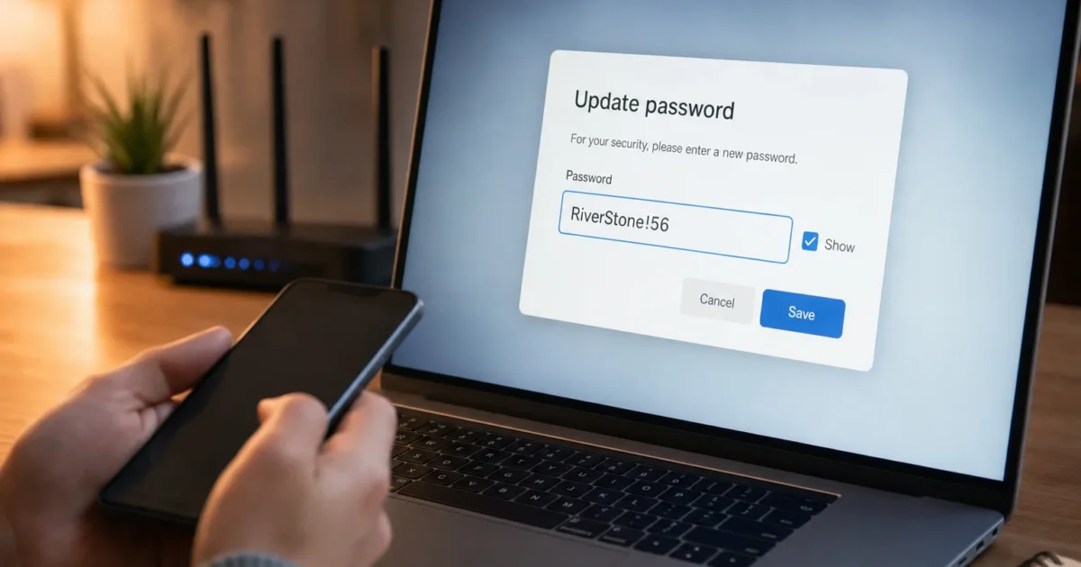 Person using a smartphone beside a laptop displaying an 'Update password' dialog with a prefilled password and Save button.