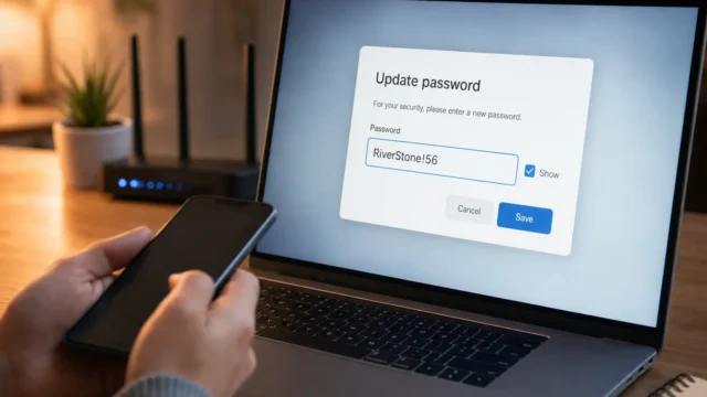 Person using a smartphone beside a laptop displaying an 'Update password' dialog with a prefilled password and Save button.