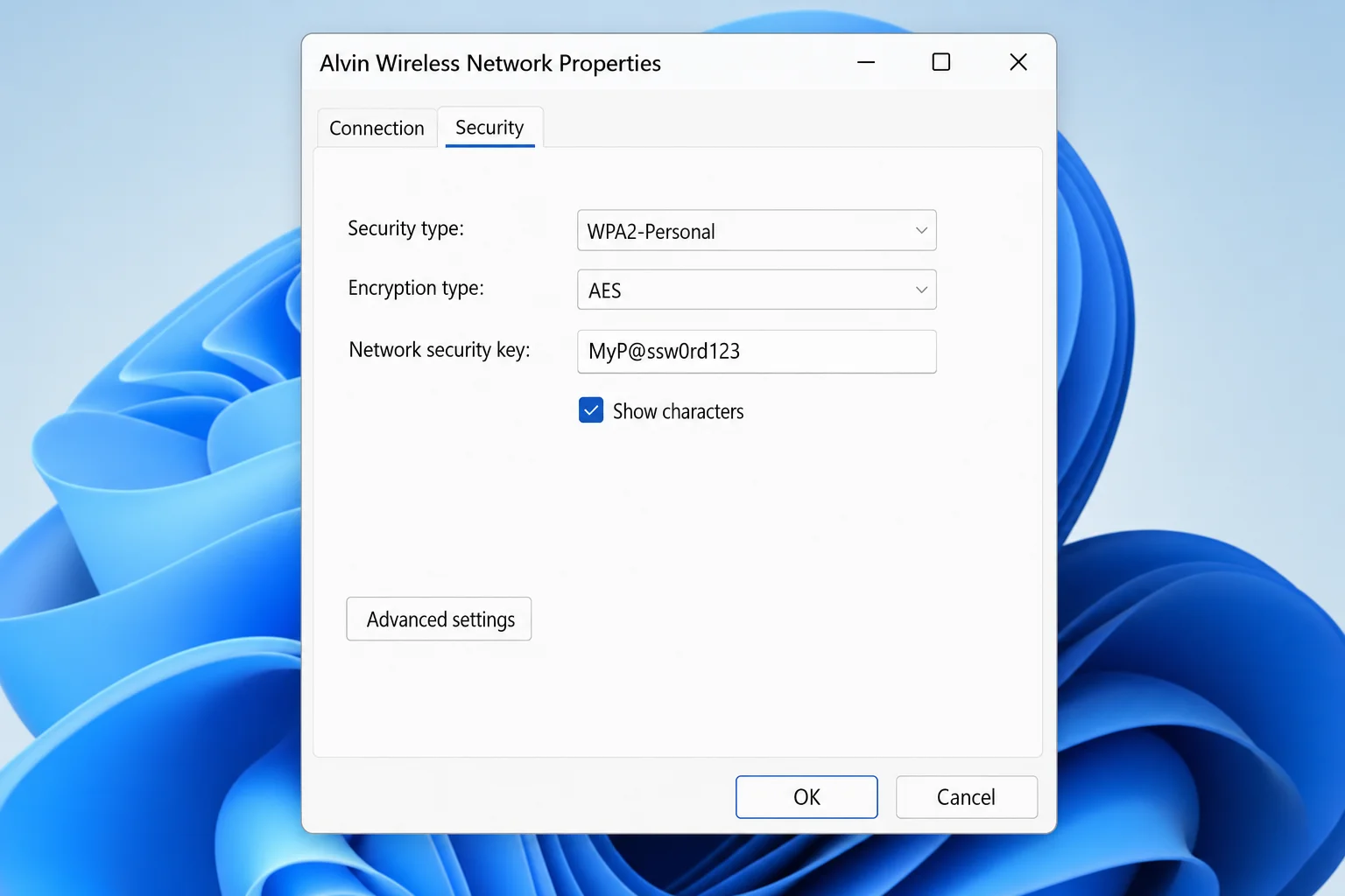Windows 11 Wi-Fi Wireless Network Properties dialog, Security tab, with "Show characters" checkbox checked and the Network security key field showing a visible password