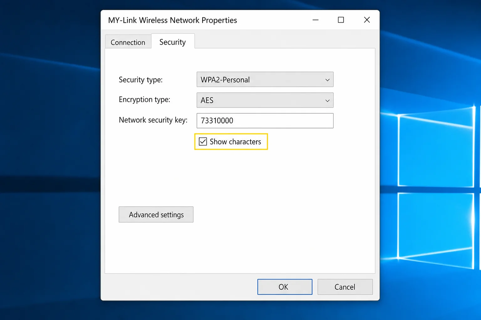 Windows 10 Wi-Fi Wireless Network Properties dialog, Security tab, with "Show characters" checkbox and Network security key field visible