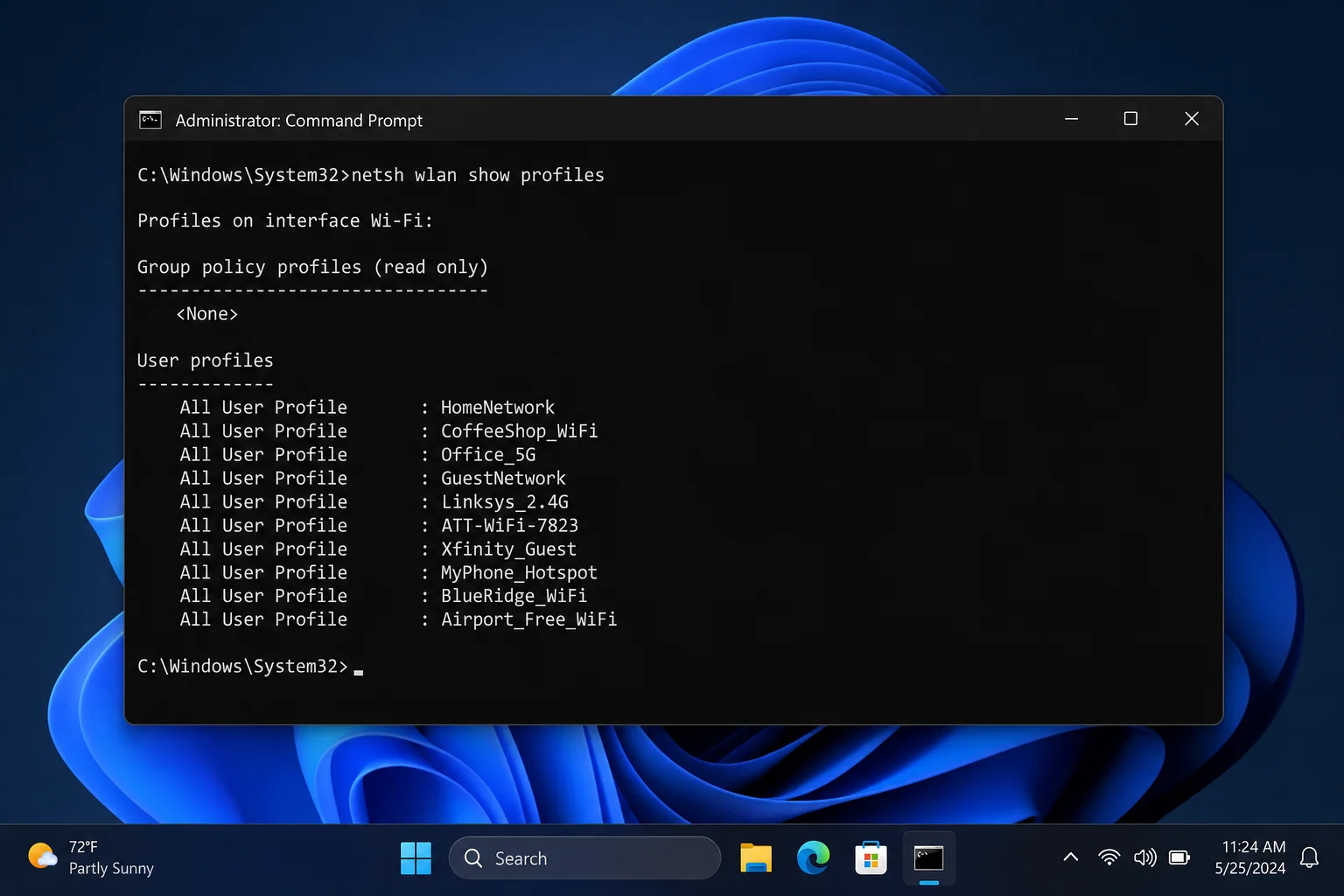 Command Prompt running as administrator showing output of "netsh wlan show profiles" with a list of saved Wi-Fi network names