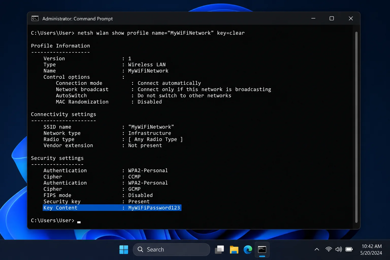 Command Prompt showing output of "netsh wlan show profile name=ProfileName key=clear" with the Security settings section expanded and Key Content line highlighted