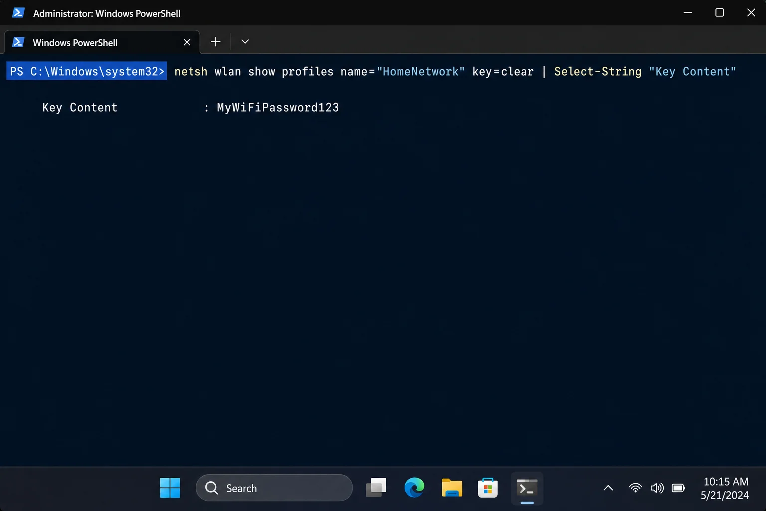 Windows Terminal (PowerShell, admin) showing the netsh command with Select-String filtering, displaying only the Key Content line with a password value