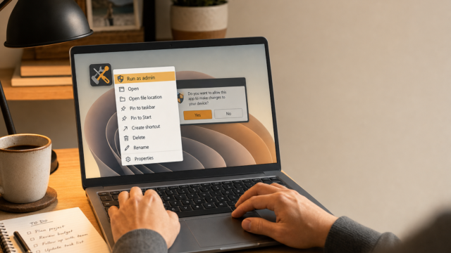 Laptop on a wooden desk showing a 'Run as admin' context menu and a permission dialog, with a coffee mug, notebook, and lamp in the background.