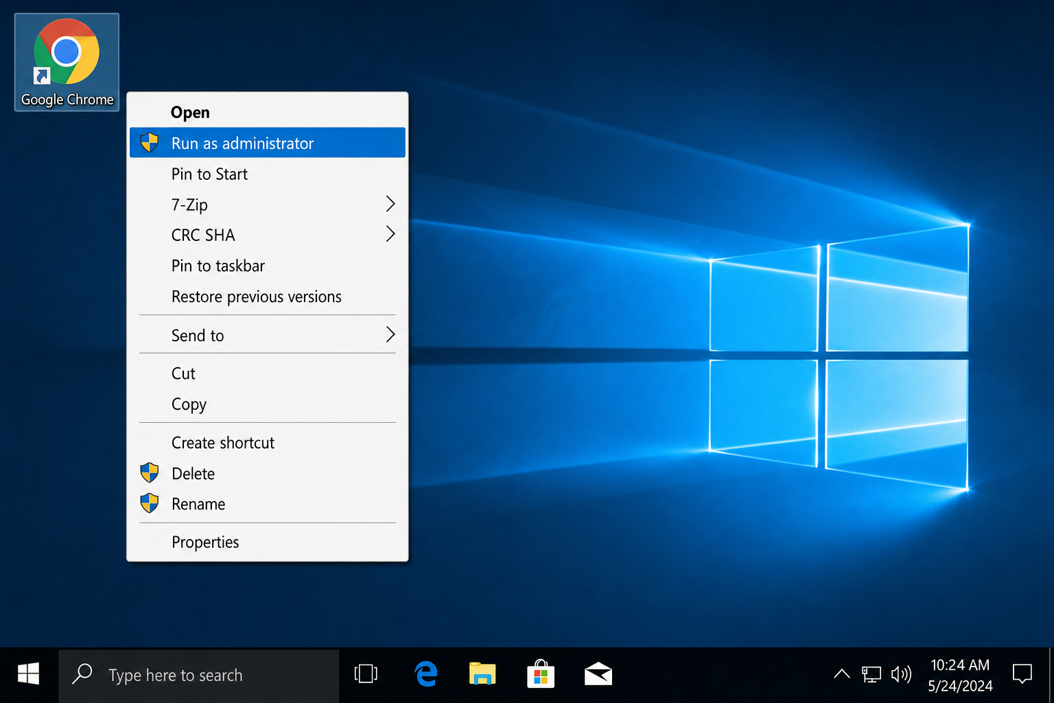 Windows 10 right-click context menu on a program shortcut with "Run as administrator" highlighted