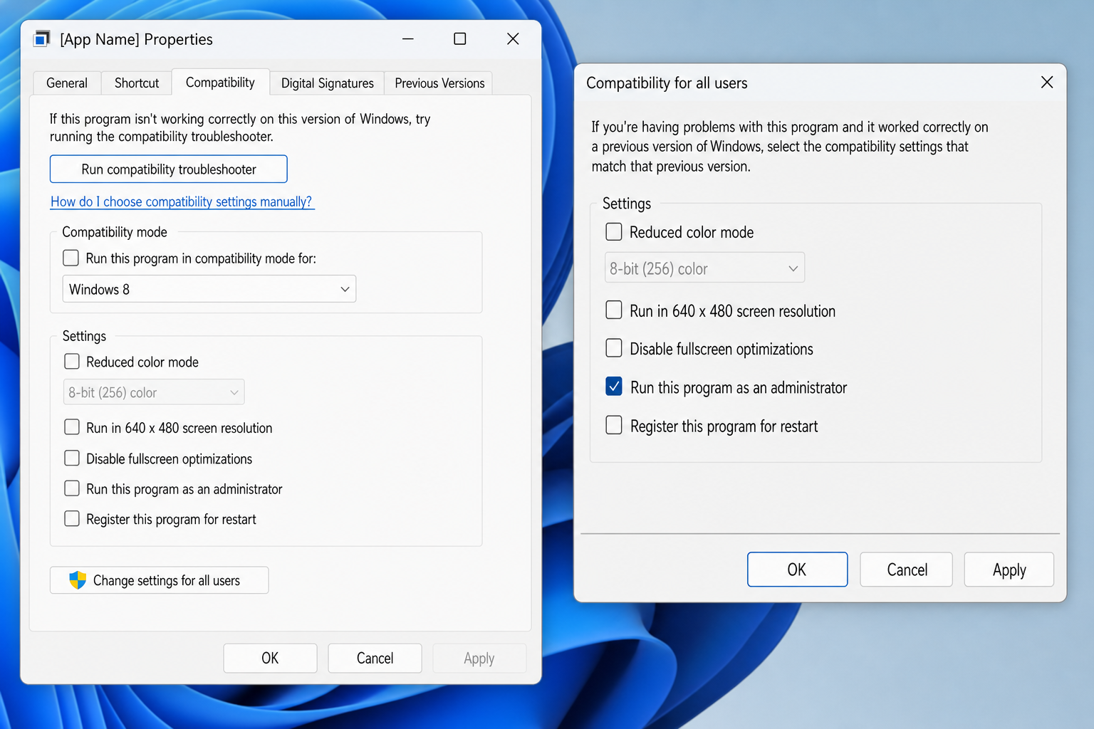 Compatibility for all users dialog with "Run this program as an administrator" checkbox available and checked