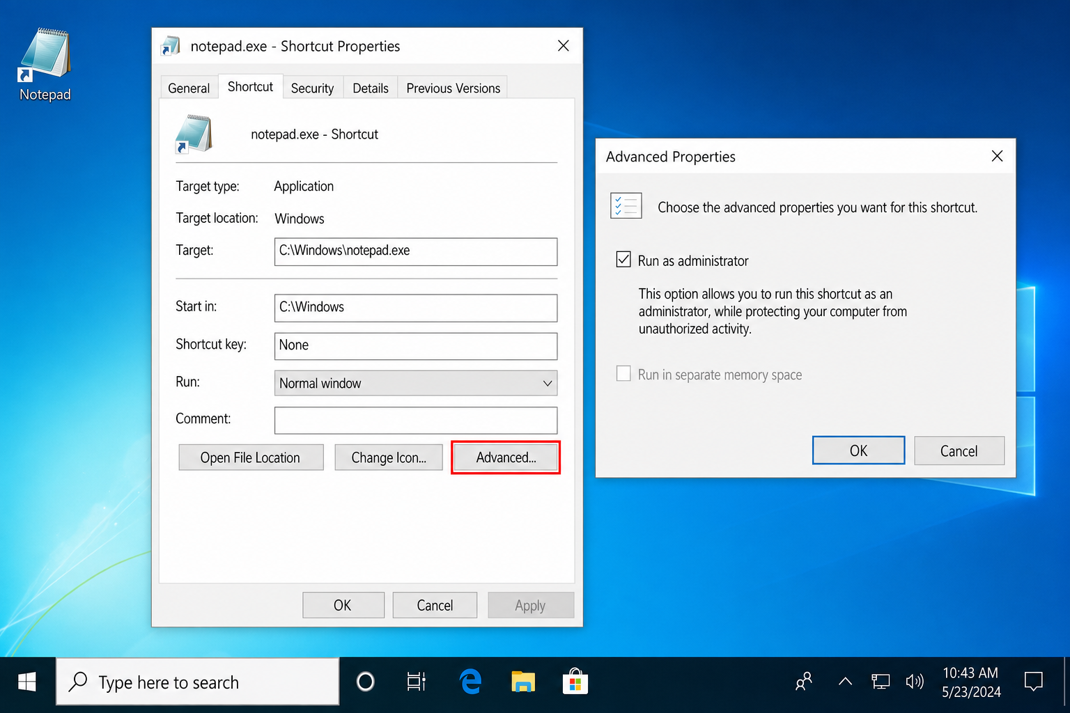 Shortcut tab in program Properties dialog with the Advanced button highlighted