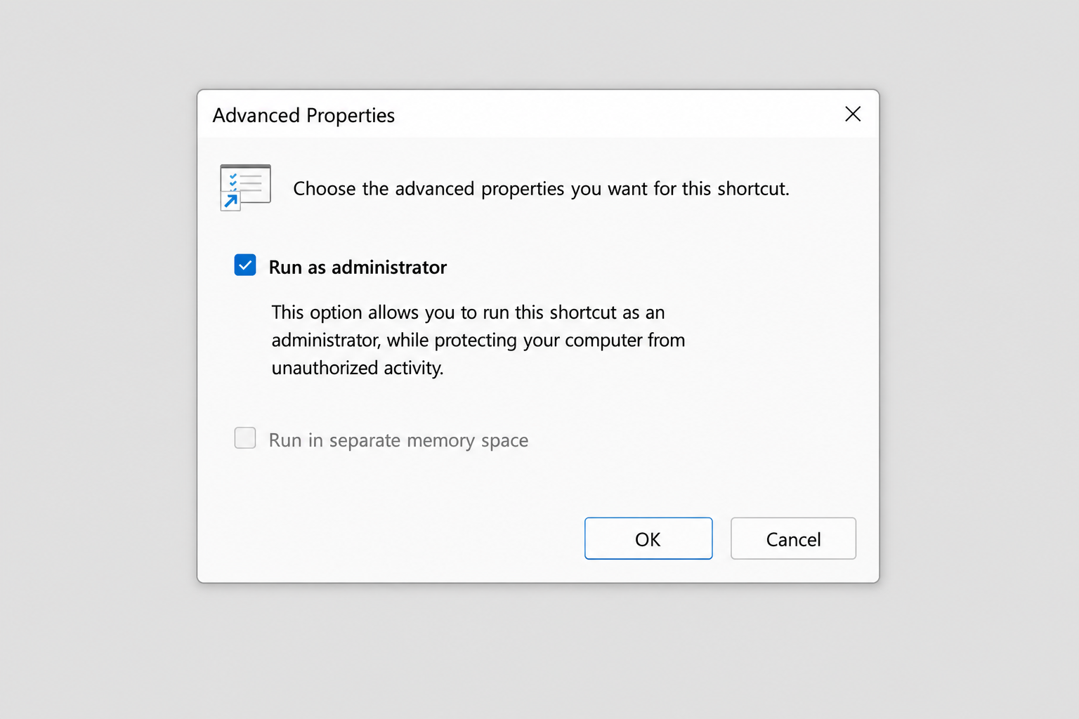 Advanced Properties dialog with "Run as administrator" checkbox checked