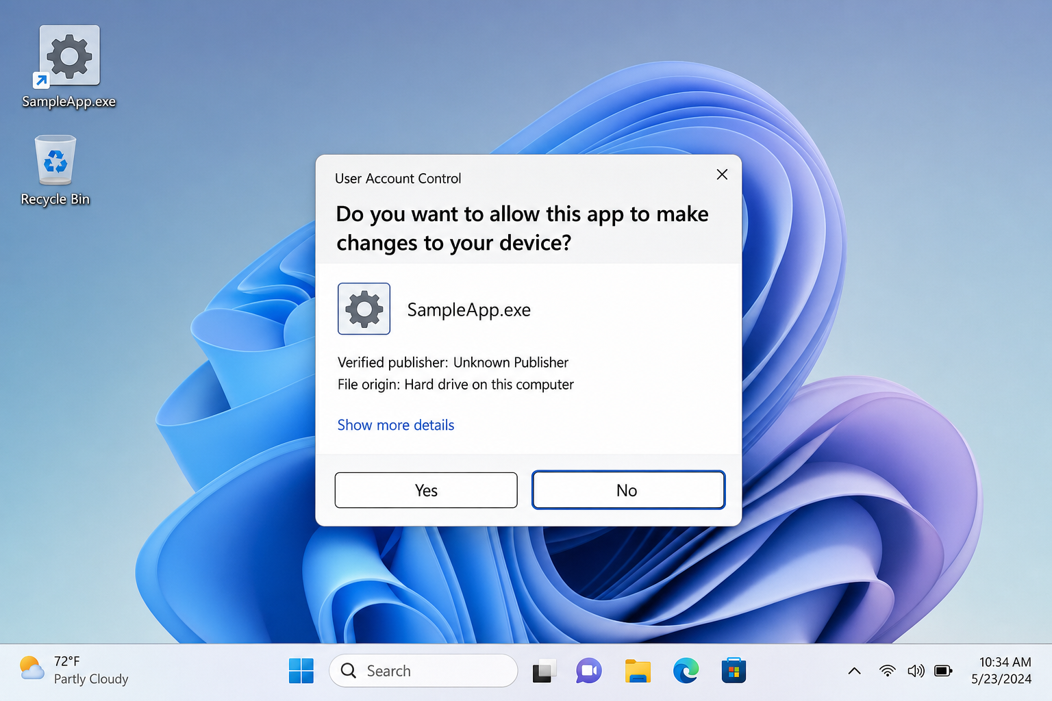 Windows 11 desktop showing a program icon being clicked with Ctrl+Shift held, with UAC prompt appearing
