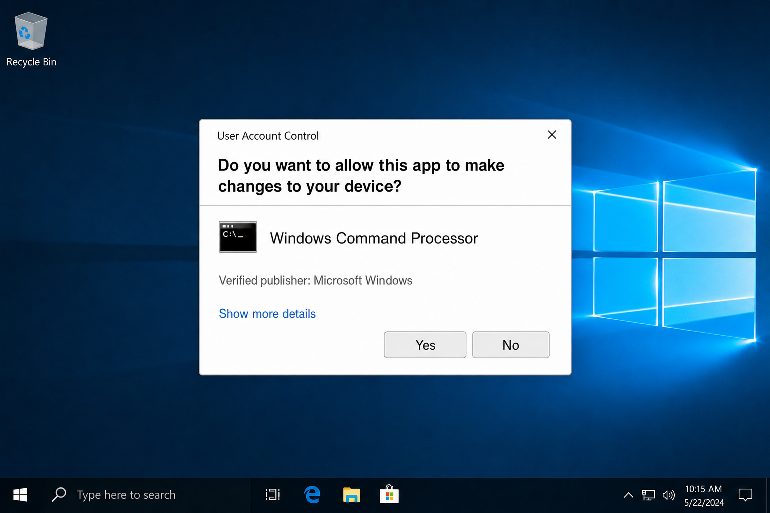 Windows 10 UAC dialog box asking "Do you want to allow this app to make changes to your device?" with Yes and No buttons