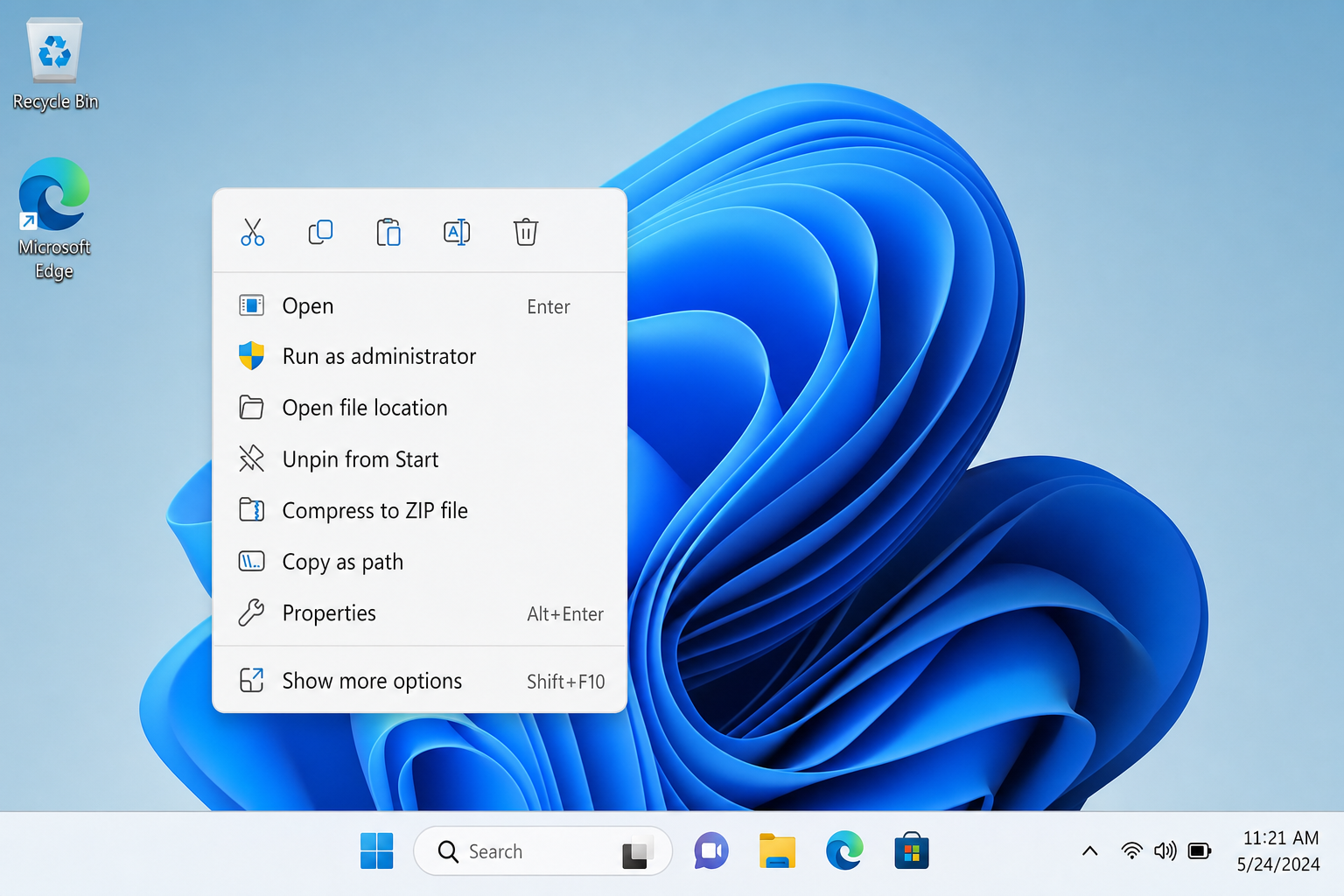 Windows 11 compact right-click context menu showing the "Run as administrator" shield icon and "Show more options" at the bottom