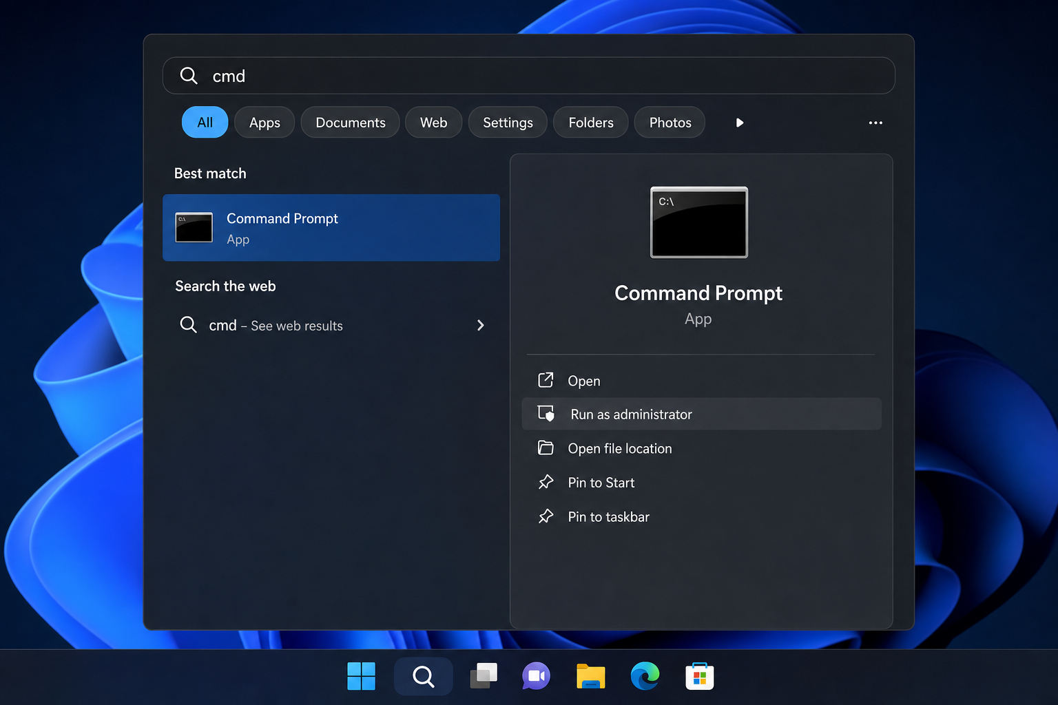 Windows 11 Start menu search results for "cmd" with "Run as administrator" option visible in the right pane
