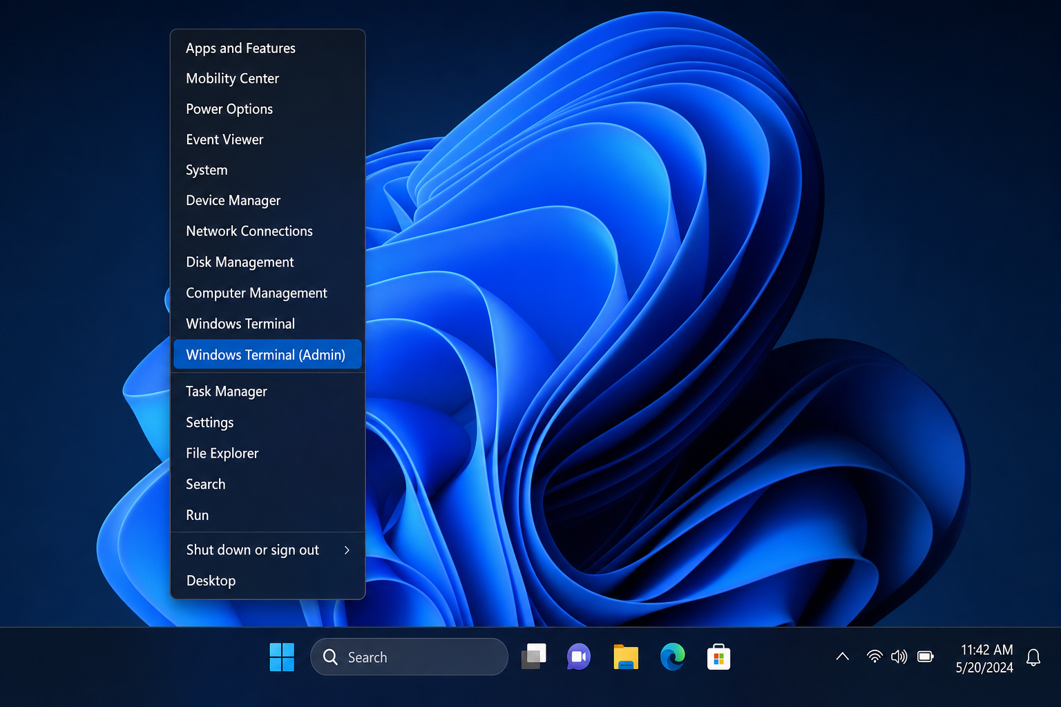 Windows 11 Win+X power user menu showing "Windows Terminal (Admin)" option